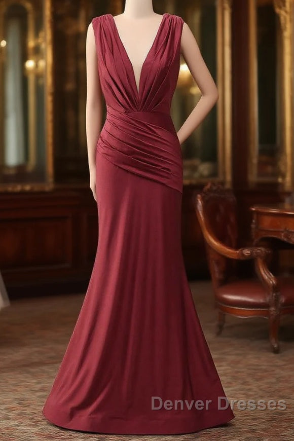 Burgundy Mermaid V-Neck Long Glitter Prom Dress With Pleating Main image