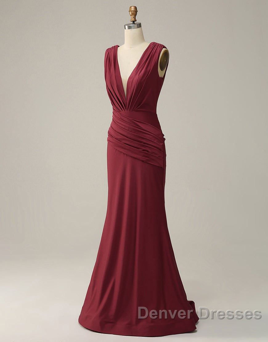 Burgundy Mermaid V-Neck Long Glitter Prom Dress With Pleating Secondary image