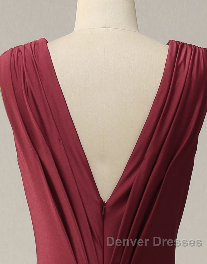 Burgundy Mermaid V-Neck Long Glitter Prom Dress With Pleating