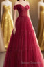 A-line Sweetheart Neck Tulle Burgundy Long Prom Dress, Off Shoulder Burgundy Formal Dress