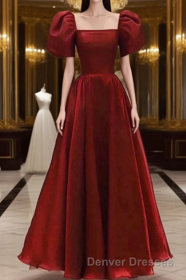Burgundy A Line Long Prom Dress with Short Sleeves, New Party Gown Main image