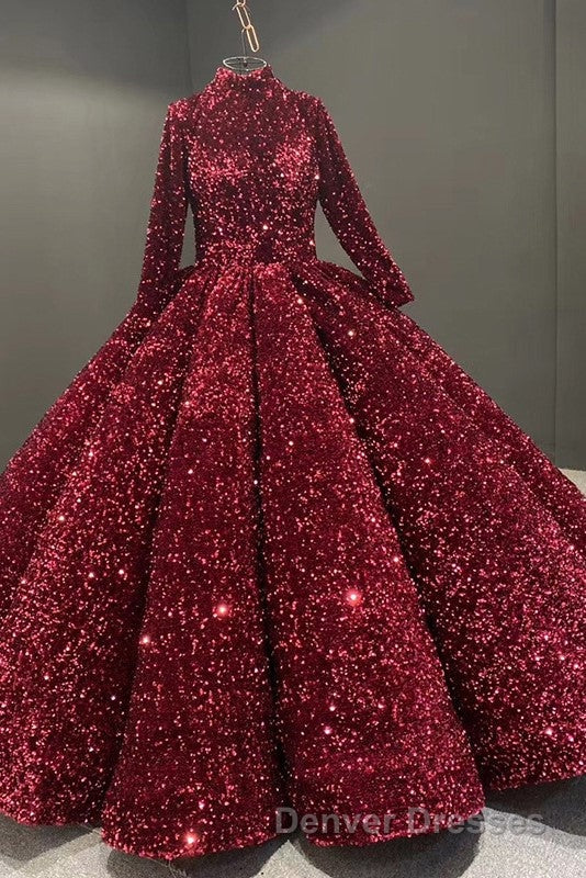 Glitter High Neck Open Back Lace Up Ball Gown Prom Dress