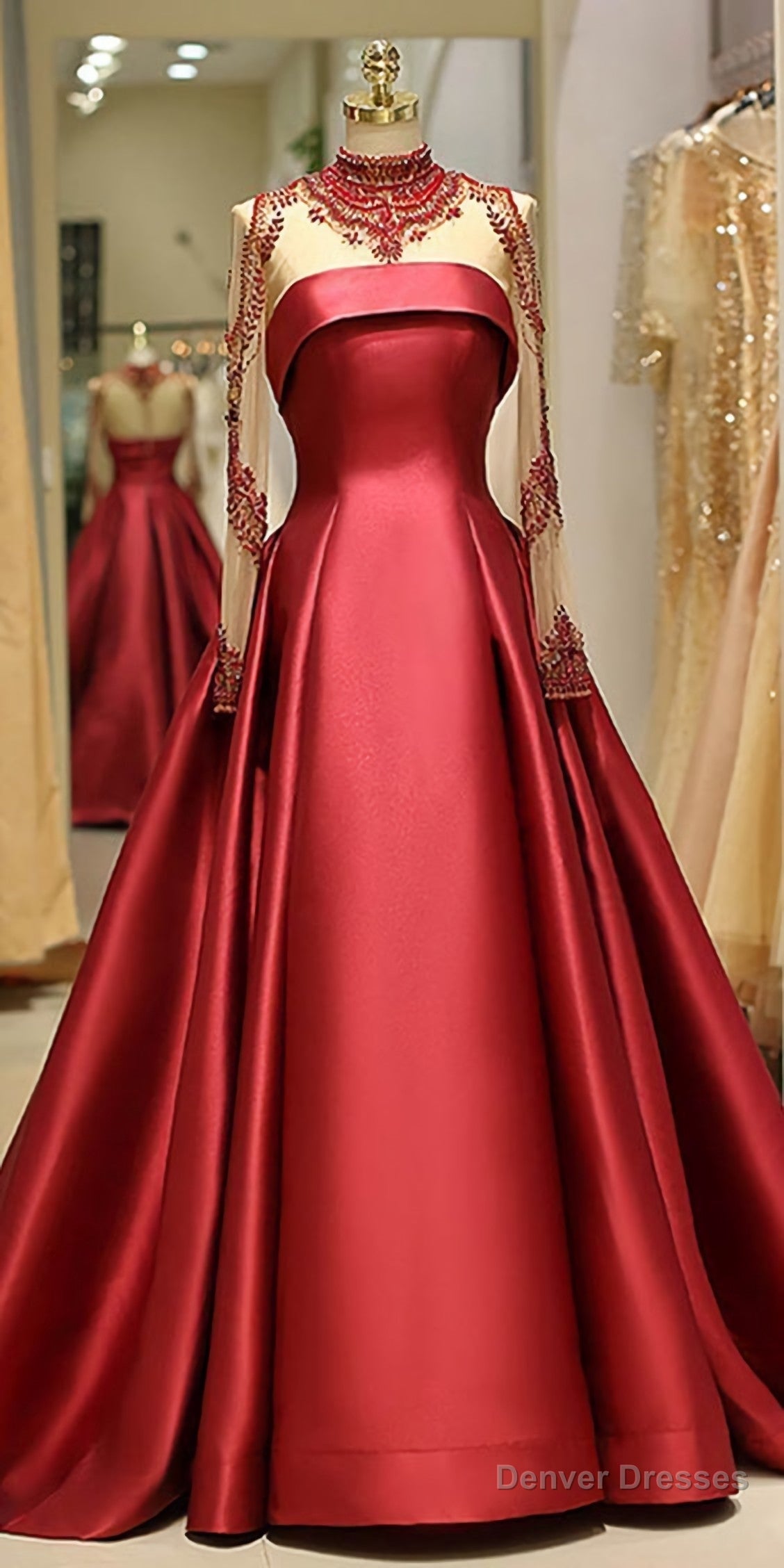 Brilliant Satin High Collar Floor Length A Line Evening Dress With Beadings C0510 Main image