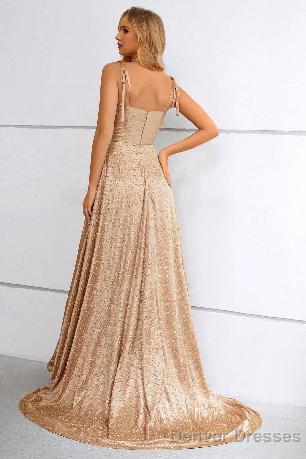Khaki Spaghetti Straps Bowknot Prom Dress With Slit Secondary image