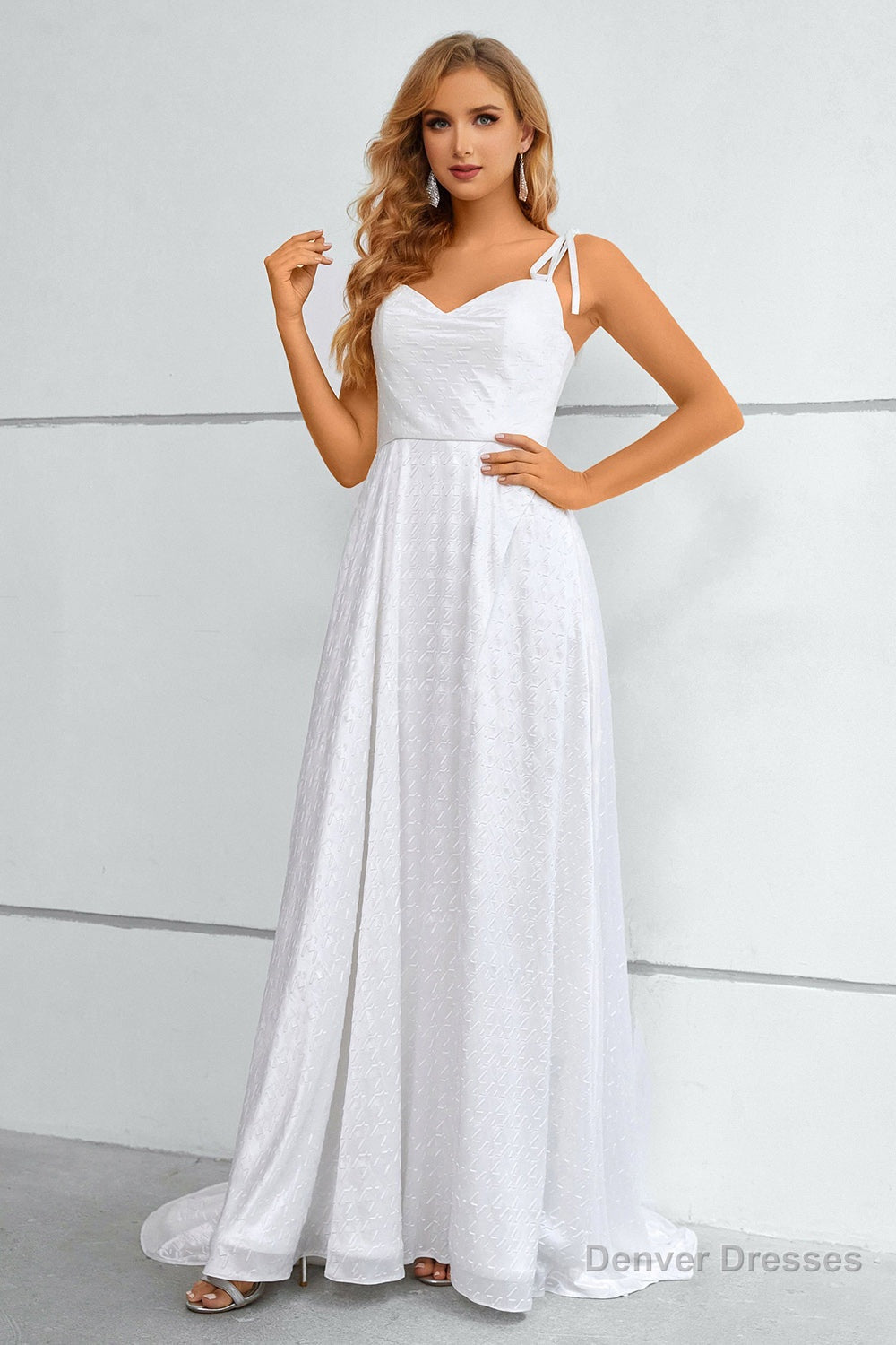 White Spaghetti Straps Bowknot Prom Dress With Slit Main image