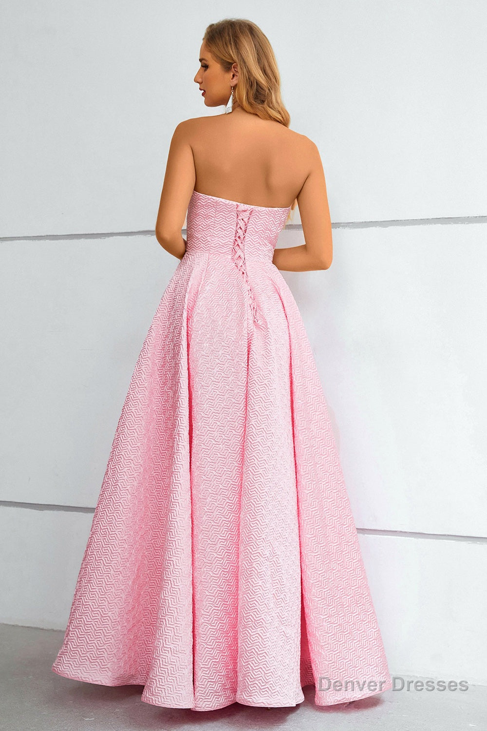 Pink Lace Up A-Line Strapless Prom Dress Secondary image