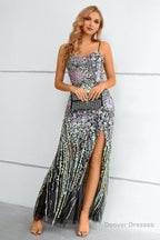 Black Spaghetti Straps Beaded Prom Dress With Slit
