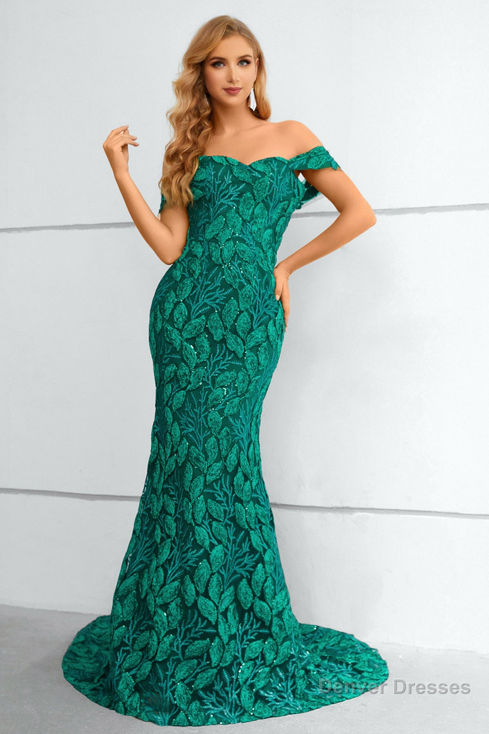 Dark Green Off The Shoulder Mermaid Prom Dress With Appliques Main image