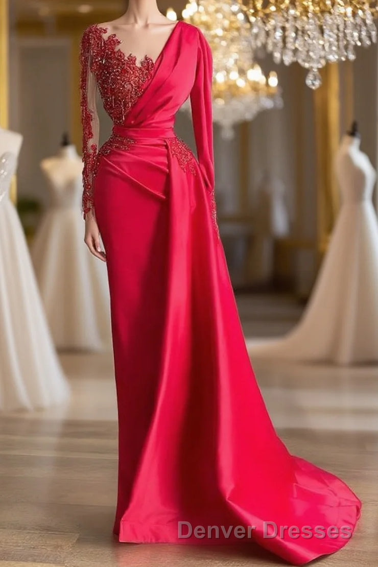 Gorgeous Red Long Sleeve Mermaid Evening Dress Lace Appliques Prom Gown Ruffles Main image