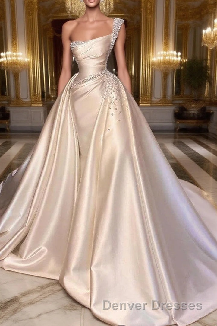 Glamorous One Shoulder Pearl Wedding Dress Overskirt Bridal Gowns On Sale Main image