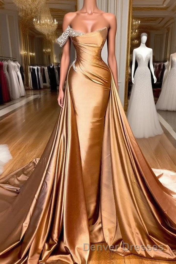 Chic One Shoulder Beaded Mermaid Prom Dress With Court Train