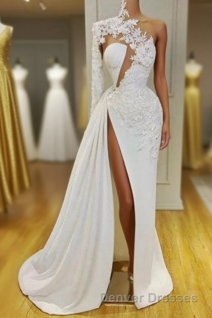 Gorgeous One Shoulder Long Sleeve Prom Dress With Lace Appliques Side Slit Main image