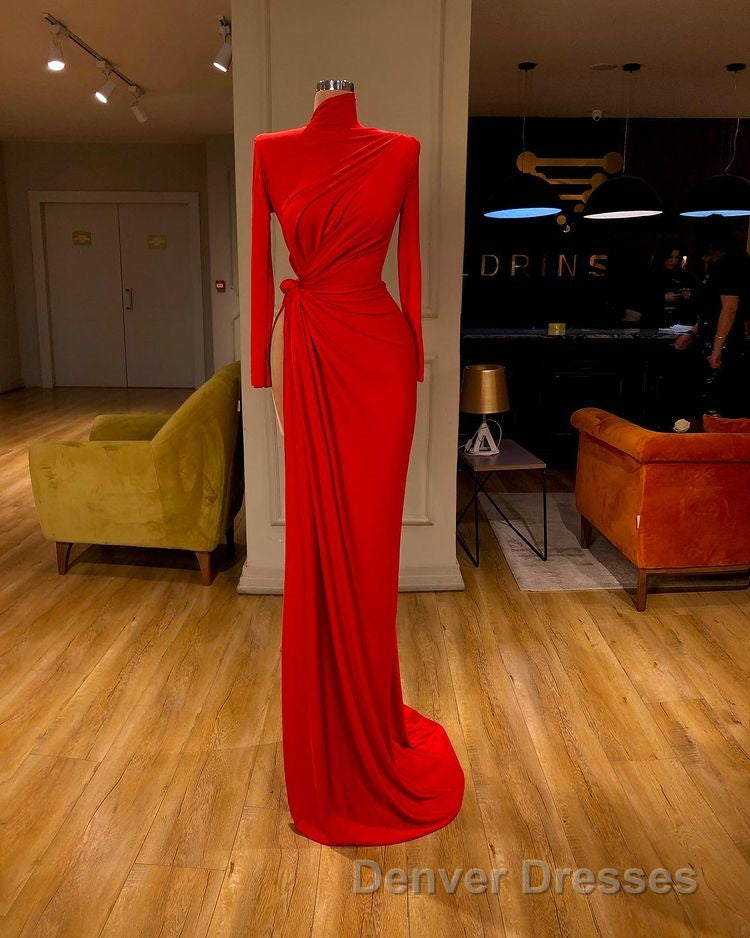 Glamorous High Neck Long Sleeve Red Prom Dress Long With Split Secondary image