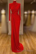 Glamorous High Neck Long Sleeve Red Prom Dress Long With Split