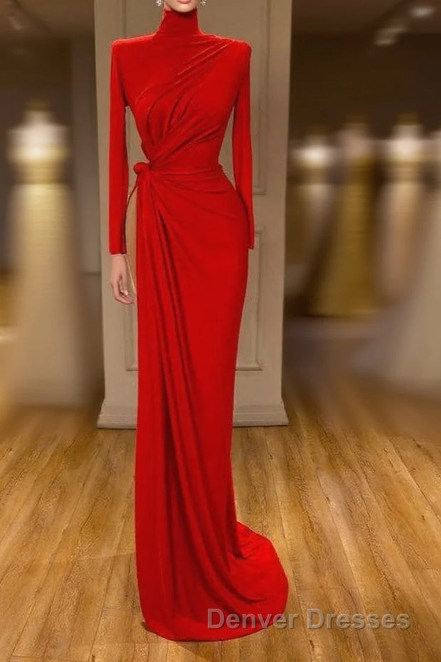Glamorous High Neck Long Sleeve Red Prom Dress Long With Split