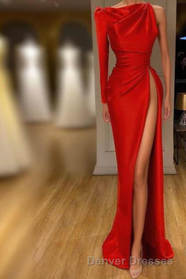 One-shoulder Long sleeves High-split Soft pleated Red Prom Dress