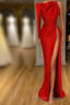 One-shoulder Long sleeves High-split Soft pleated Red Prom Dress