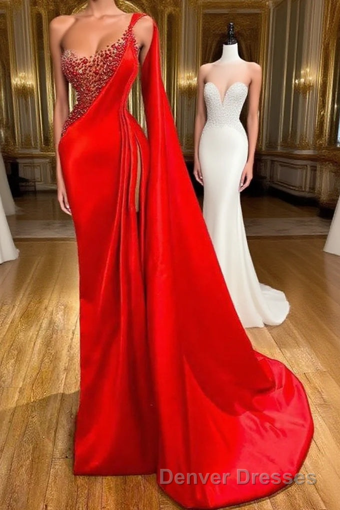 Unique Red Stones Sleeveless High split mermaid Evening Dress