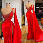 Unique Red Stones Sleeveless High split mermaid Evening Dress