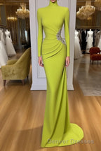Ginger yellow High-neck Long-sleeves Metallic Beaded Mermaid Prom Dress