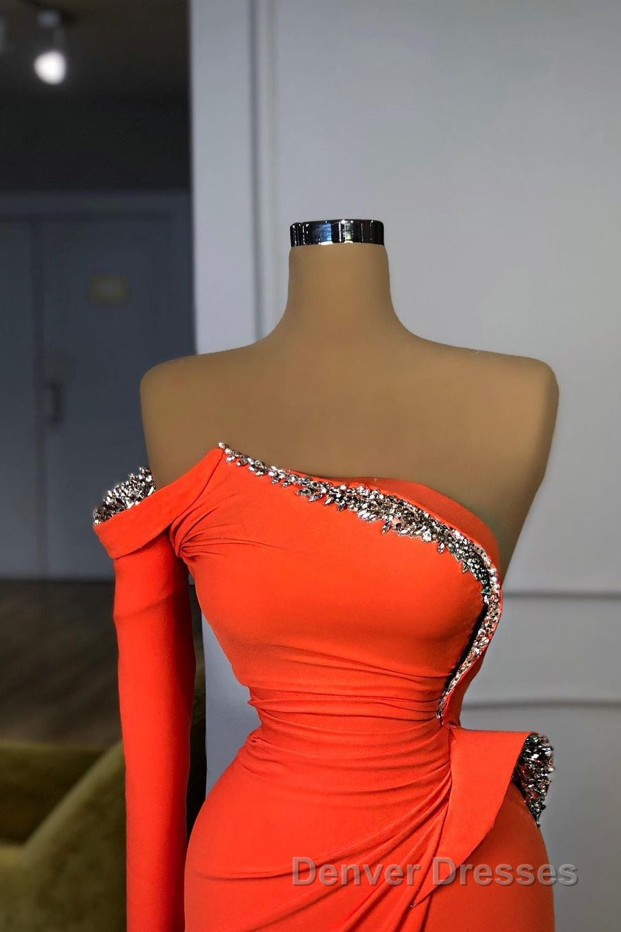 Long sleeves Strapless Orange Sequined Long Prom Dress Secondary image