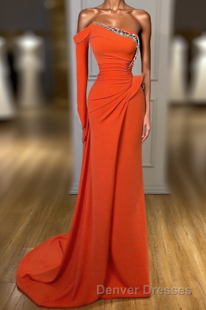 Long sleeves Strapless Orange Sequined Long Prom Dress Main image