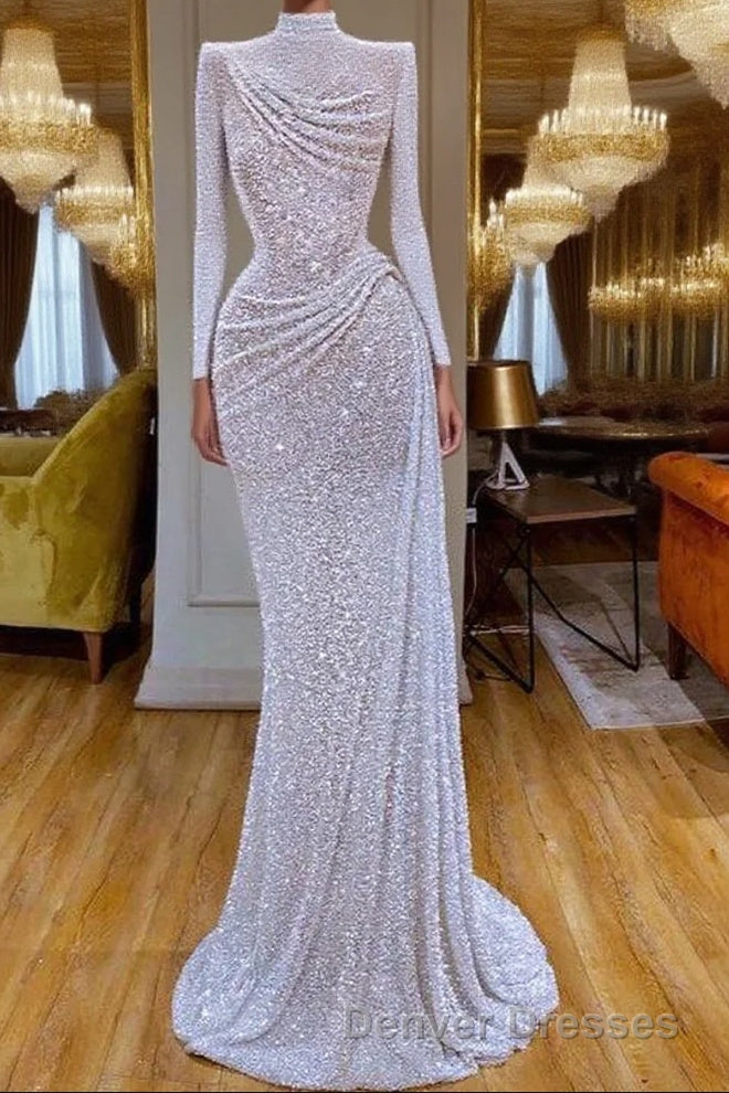 Sparkle White Sequin Long sleeves Pleated Long Prom Dress Main image