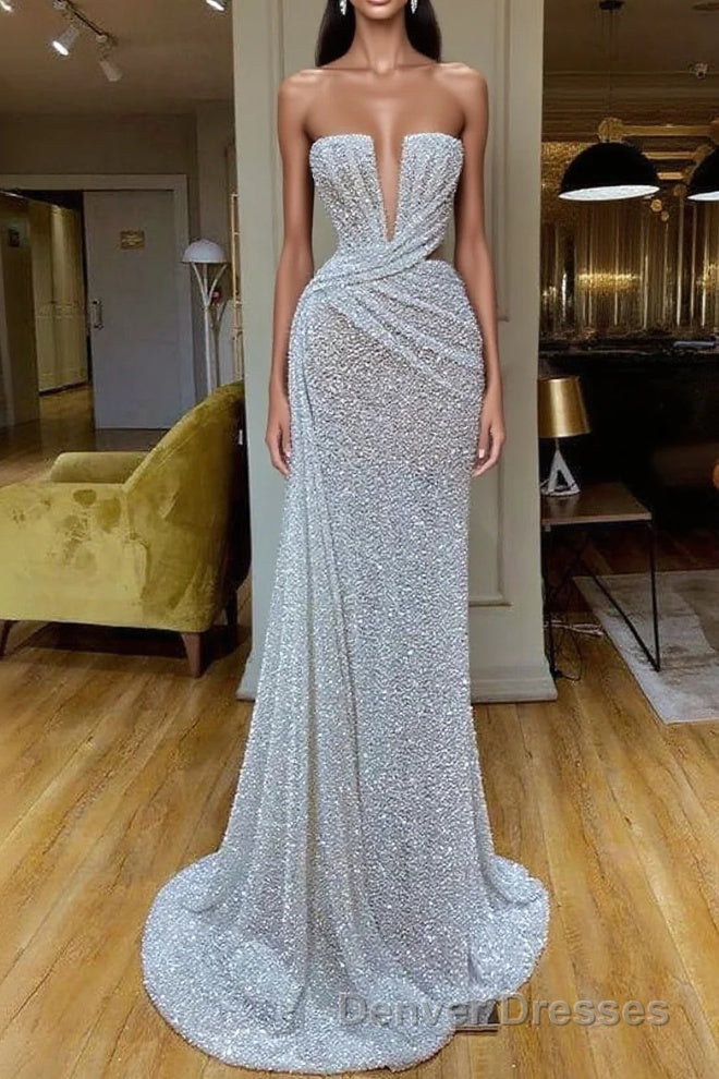 Plunging V-neck Sparkle White Sequined Strapless Prom Dress