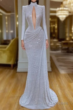 Stunning Long Sleeve High Neck Sequins Prom Dress Mermaid Long