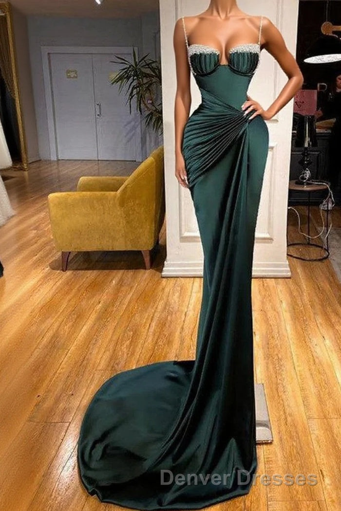 Gorgeous Dark Green Spaghetti-Straps Mermaid Prom Dress With Beadings Main image