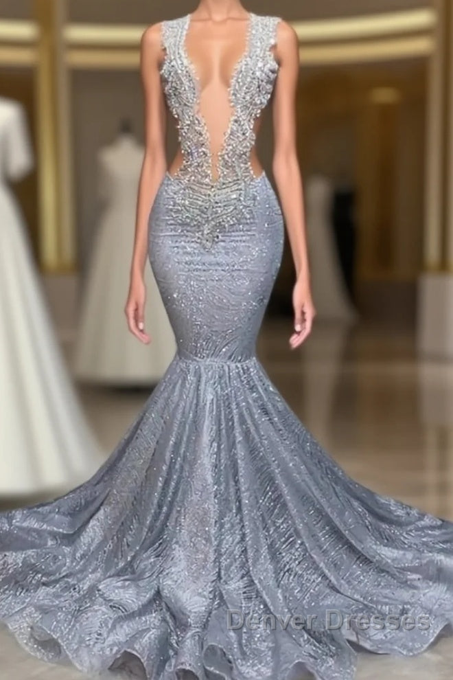 Silver Sequins Mermaid Prom Dress Long With Beads Main image