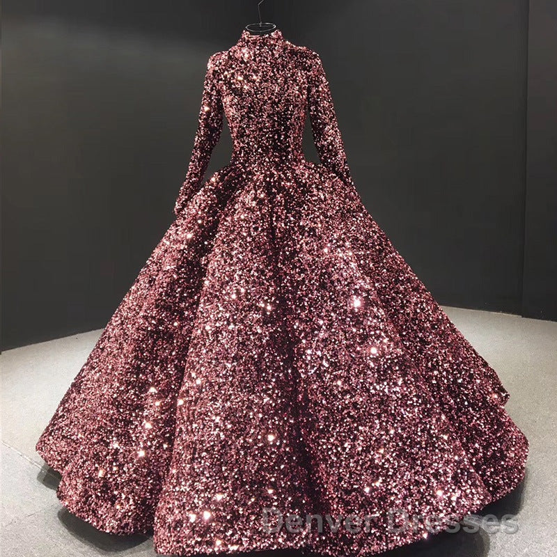 Glitter High Neck Open Back Lace Up Ball Gown Prom Dress