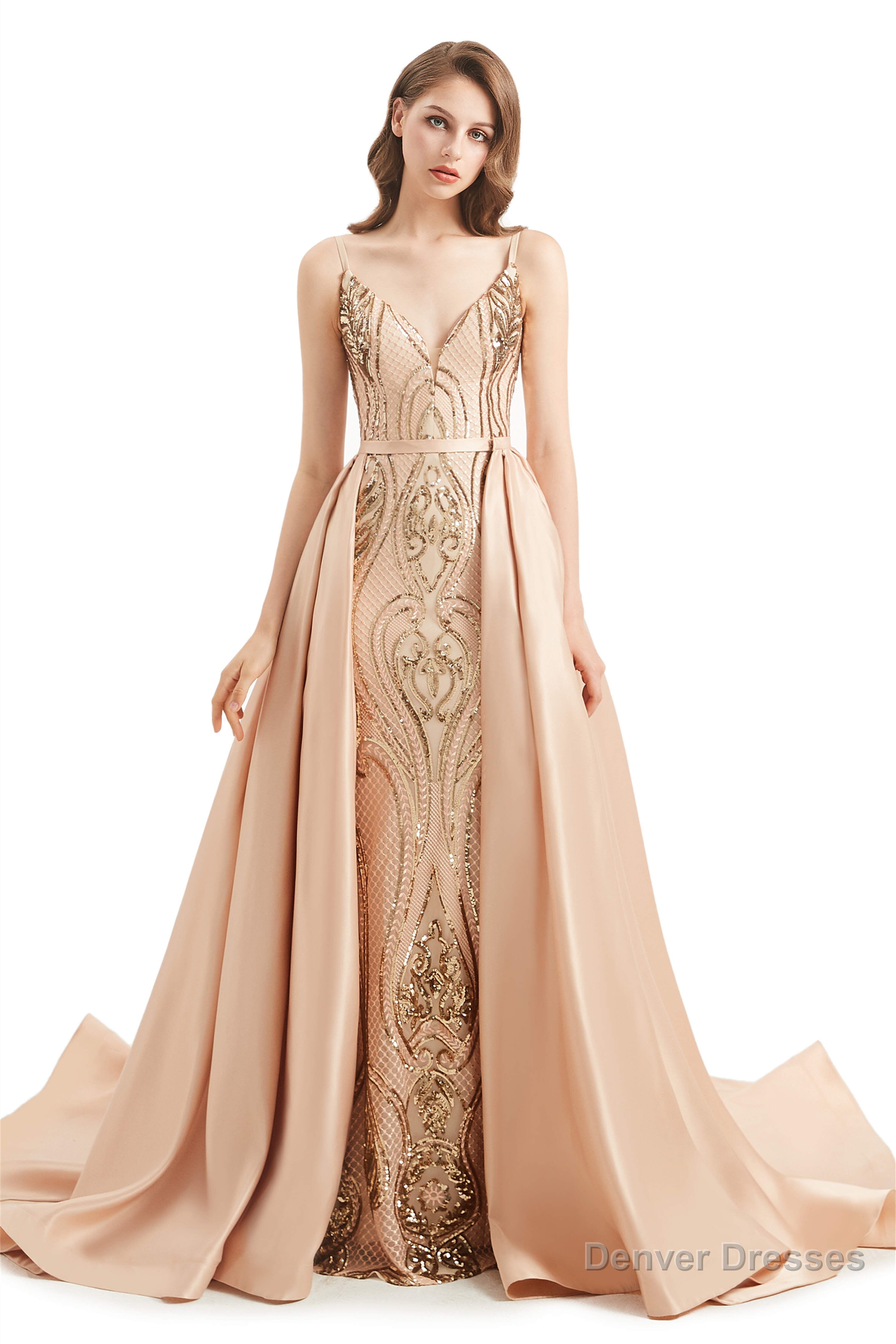 Mermaid Sequins Spaghetti Straps Prom Dresses With Detachable Train