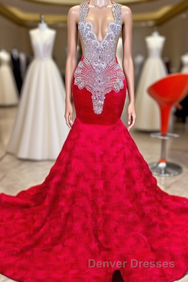 Charming Long Mermaid Jewel Satin Beading Prom Dress Red Formal Gowns Main image