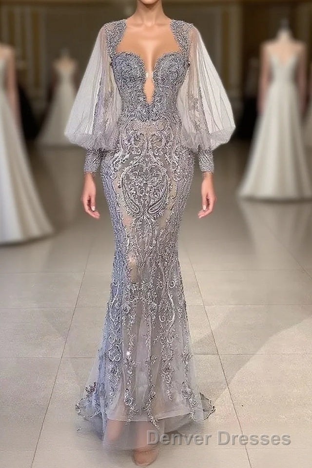 Charming Long Mermaid Sweetheart Tulle Lace Evening Dress with Puffy Sleeves