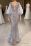 Charming Long Mermaid Sweetheart Tulle Lace Evening Dress with Puffy Sleeves