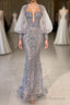 Charming Long Mermaid Sweetheart Tulle Lace Evening Dress with Puffy Sleeves