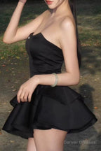 Chic Strapless Black Satin Short Prom Dresses, Layered Black Homecoming Dresses, Short Black Formal Graduation Evening Dresse