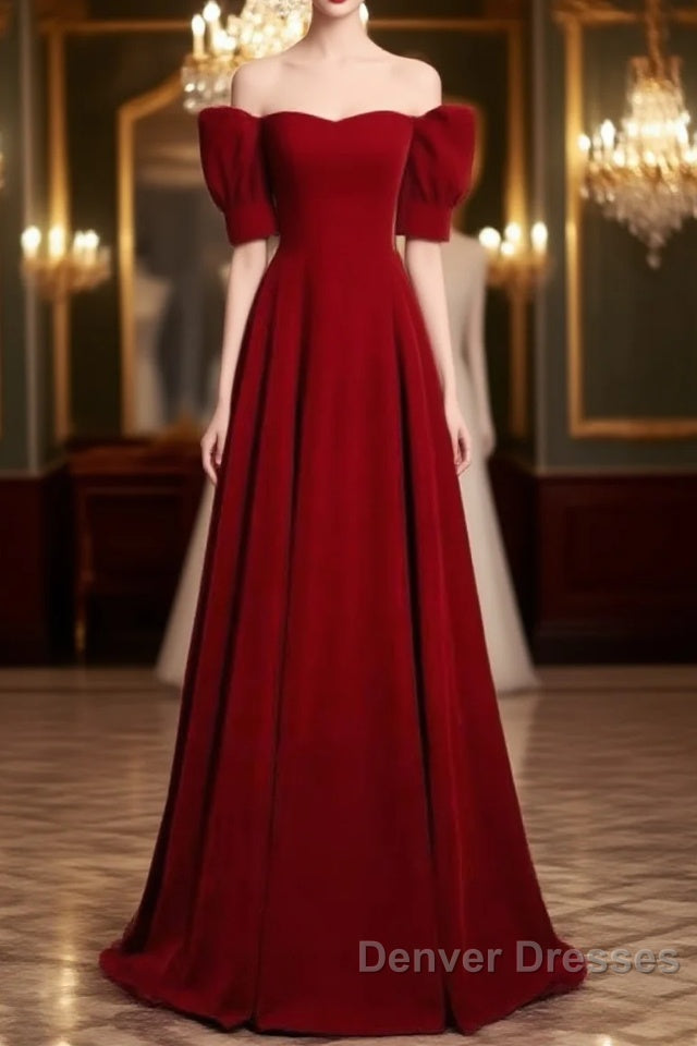 Classic Off Shoulder Long Maroon Prom Dress