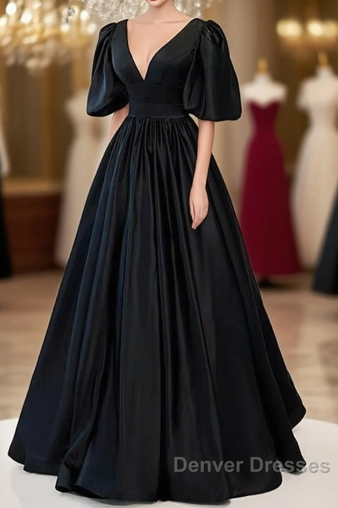 Classy Black Prom Dress Formal Dress with Bubble Sleeves Main image