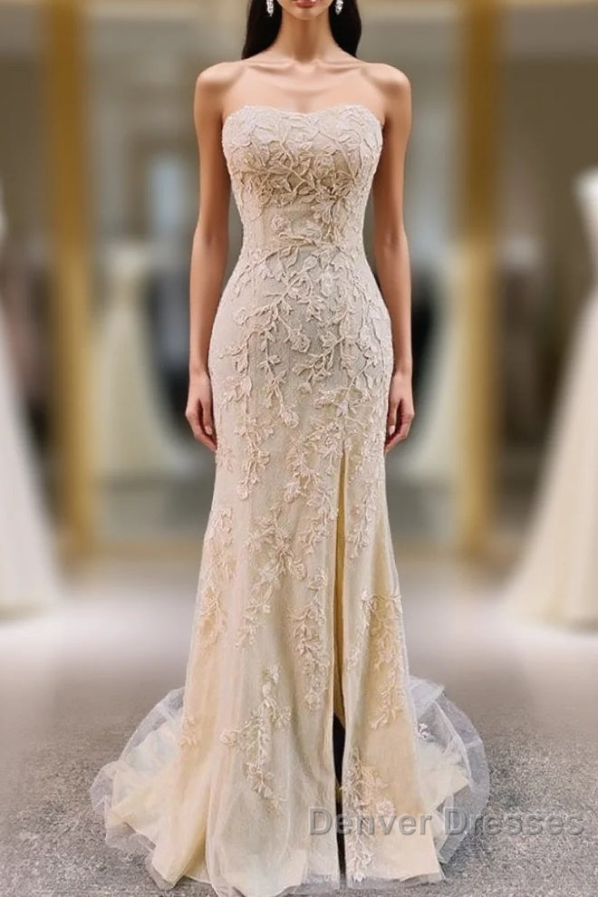 Classy Gold Lace Appliques Long Strapless Prom Dress with Side Slit Main image