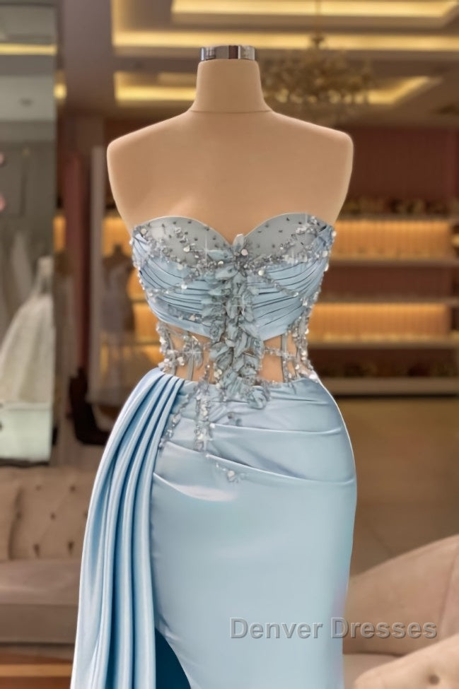 Column Slit Front Long Sweetheart Strapless Sleeveless Sky Blue Ruffle Stain Evening Dress with Beadings Secondary image