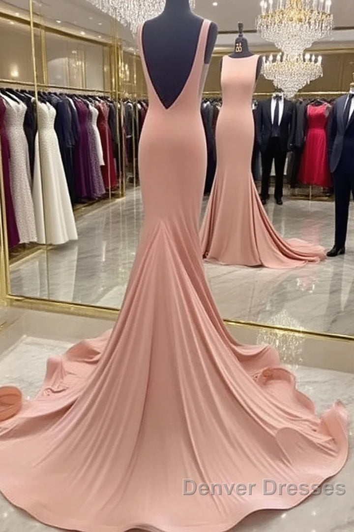 Coral Low Back Bateau Neck Modest Prom Dress with Sweep Train