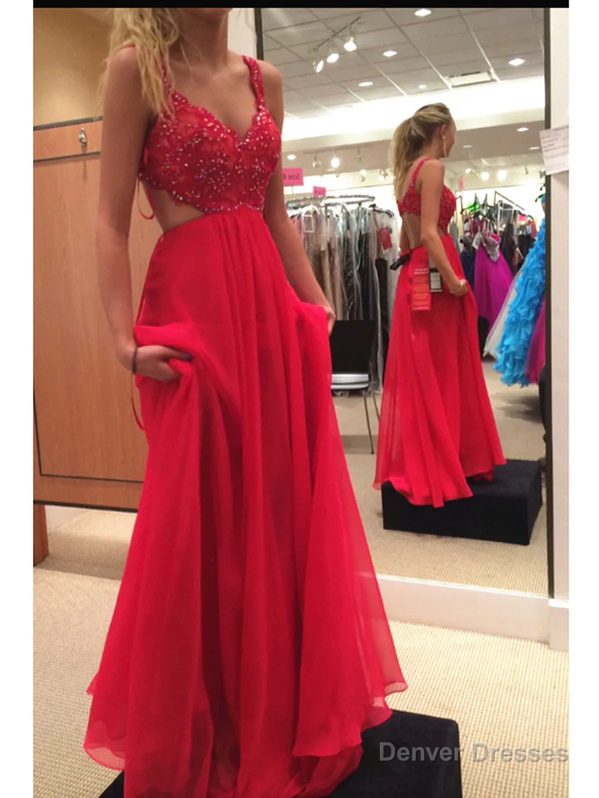 Custom Made A Line Backless Lace Red Prom Dresses, Lace Formal Dresses, Bridesmaid Dresses Main image