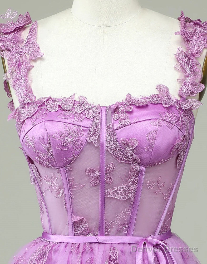Cute Purple A-Line Lace Up Tulle Homecoming Dress With Appliques
