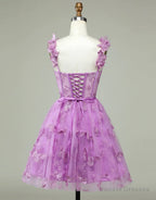 Cute Purple A-Line Lace Up Tulle Homecoming Dress With Appliques