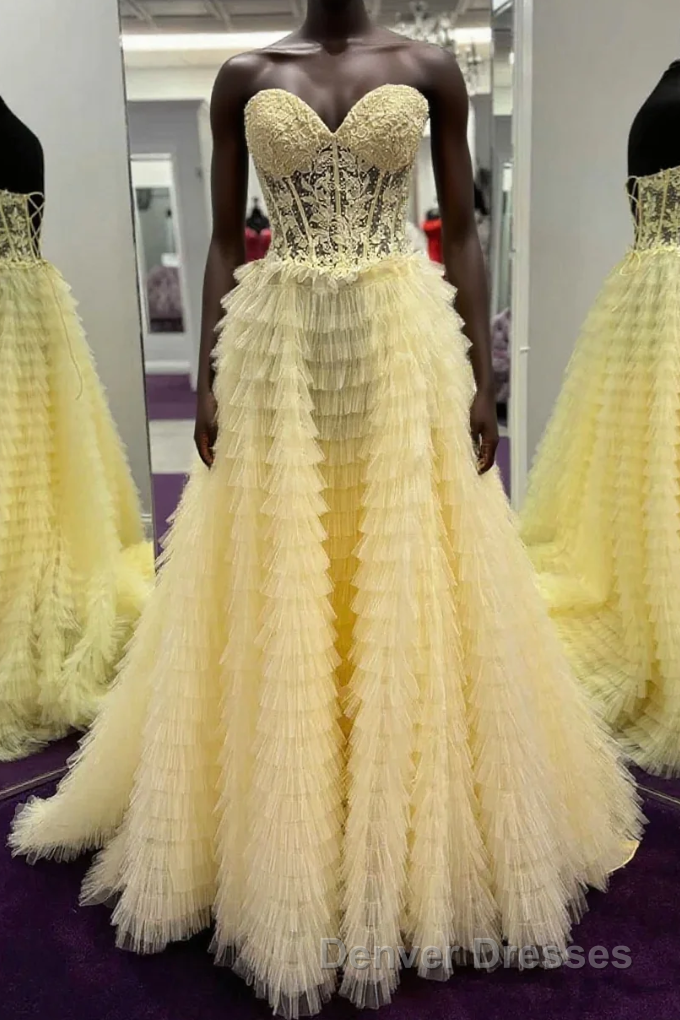 Cute Sweetheart Lace Appliques Tulle Long Prom Dress Main image