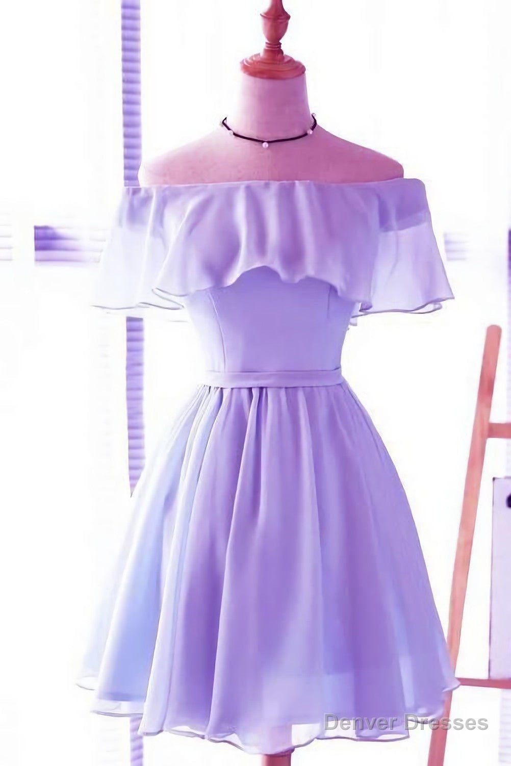 Cute Light Blue Off The Shoulder Short Prom Dresses, Chiffon Homecoming Dresses Main image