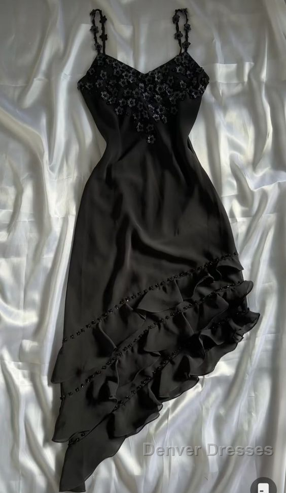 Black Vintage Spaghetti Straps Chiffon Appliques Flower  Prom Dress