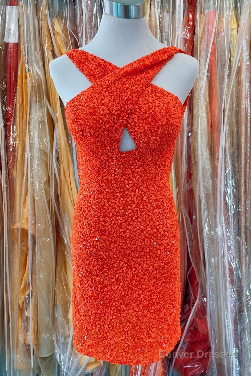 Orange Sequins Cross Front Bodycon Mini Party Dress Main image